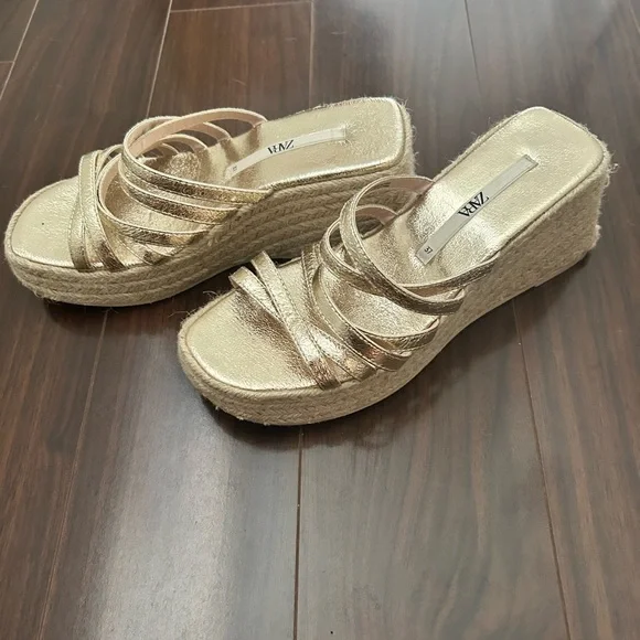 Zara Metallic Gold Wedge Sandals - Picture 2 of 2
